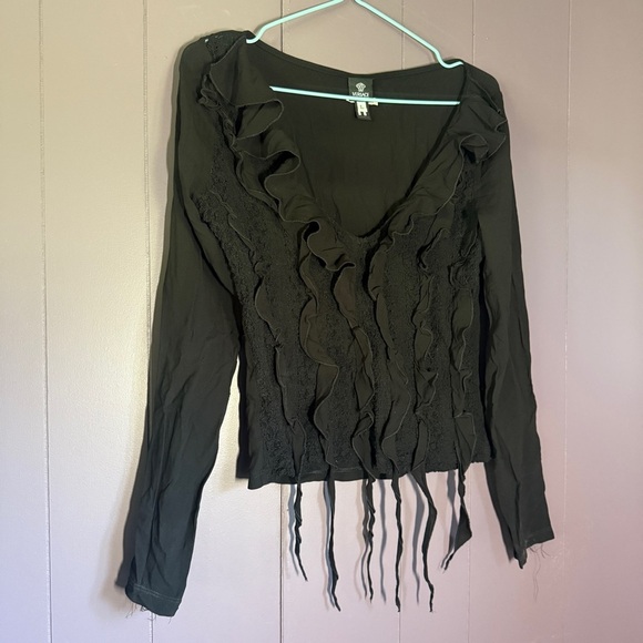 Vintage 2000s Versace Black Ruffle Pleated Top – Seaweed Detail Long Sleeve (S) - Picture 6 of 10